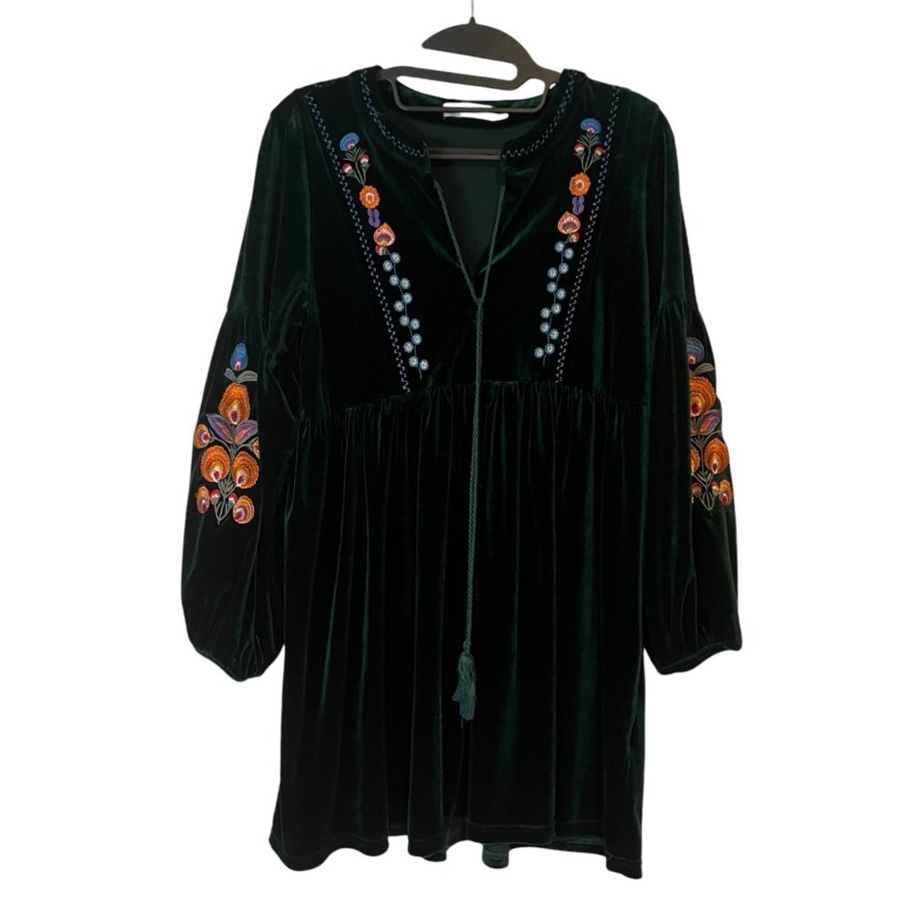 Vera & Lucy Dress Womens S / M Green Boho Embroidered Flowy Floral Tasseled